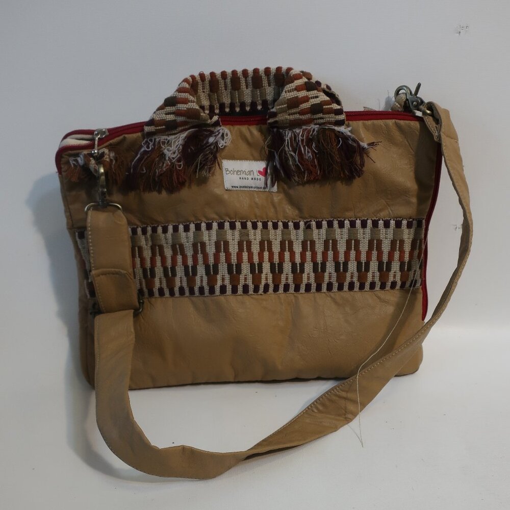 Womens Bohemian Love Tan, Leather & Brown Embroidered Laptop Case Bag